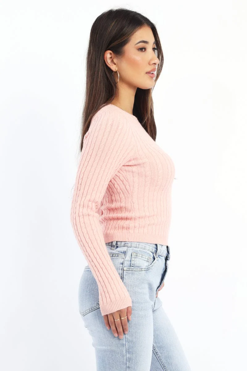 Peach Cable Knit Top Long Sleeve