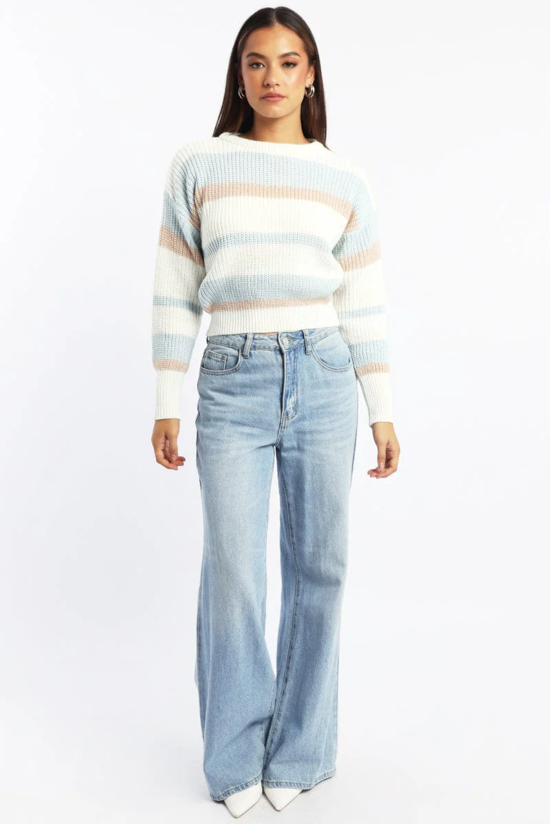 Blue Stripe Knit Top Long Sleeve Color Block