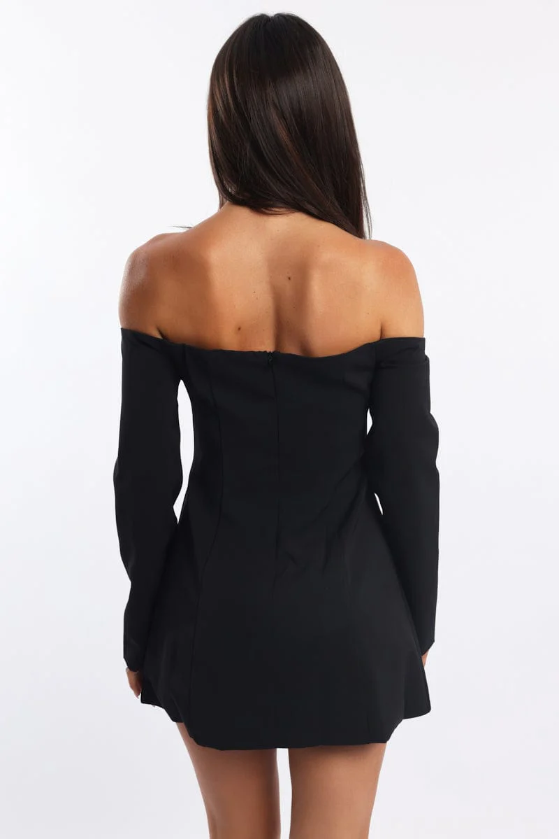 Black Off Shoulder Mini Dress Long Sleeve