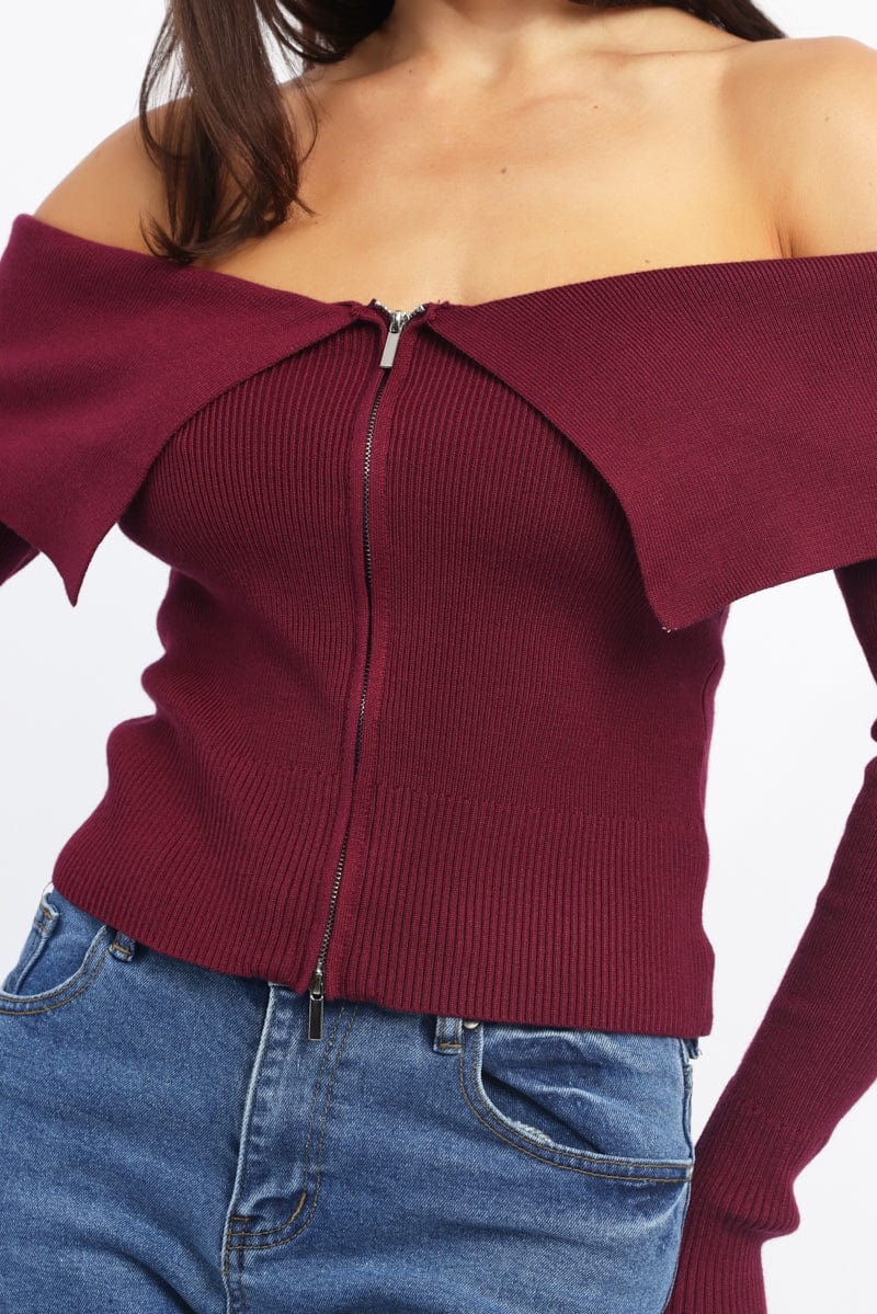 Red Cardigan Off Shoulder Zip Up