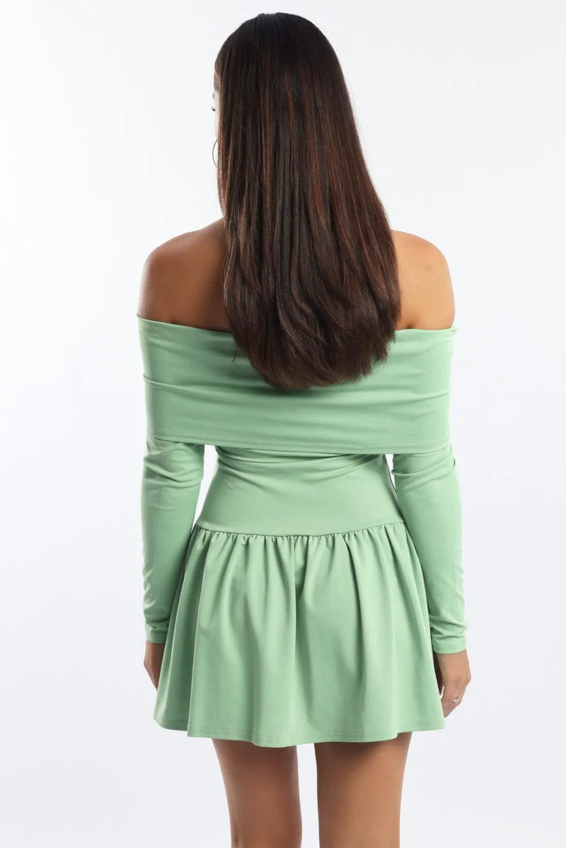 Green Off Shoulder Mini Dress