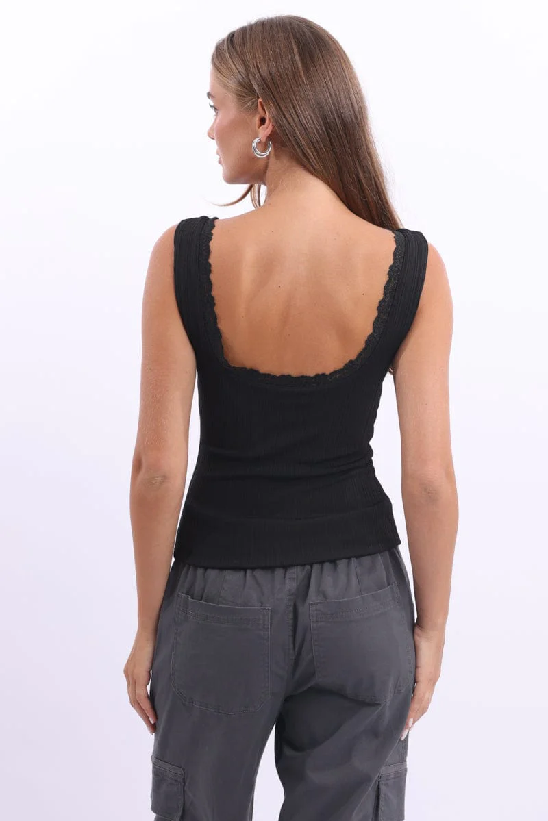 Black Tank Top Sleeveless Lace Trim