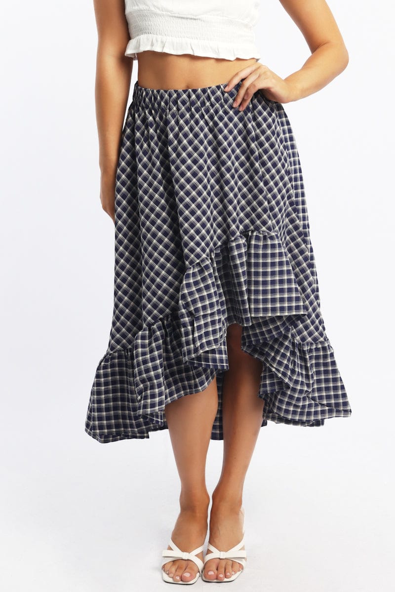 Blue Check Asymmetric Midi Skirt High Rise Elastic Waist