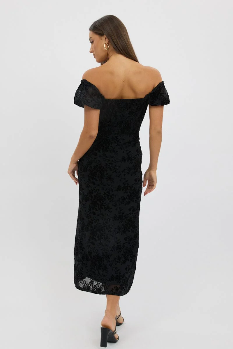Black Maxi Dress Puff Sleeve Burn Out