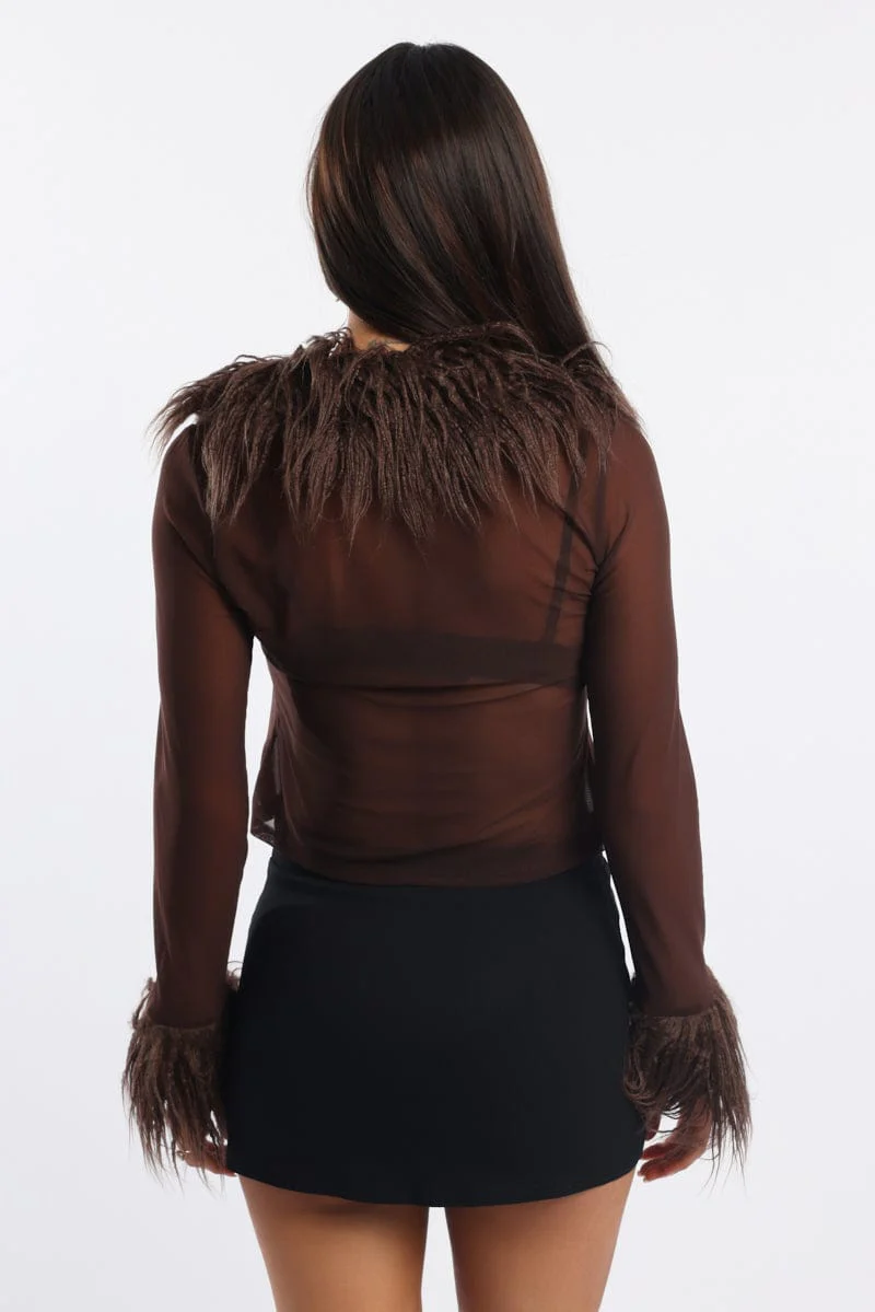Brown Top Faux Fur Neckline And Cuff