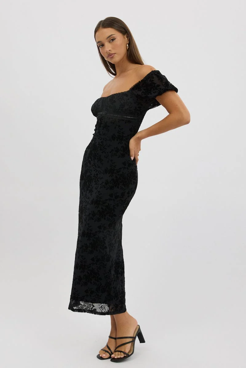 Black Maxi Dress Puff Sleeve Burn Out
