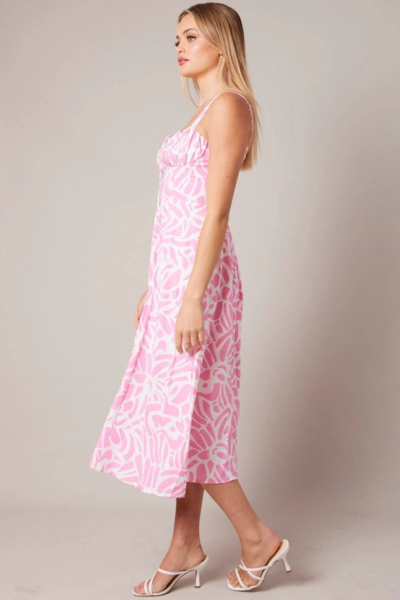 Pink Print Midi Dress Gathered Bust Midi