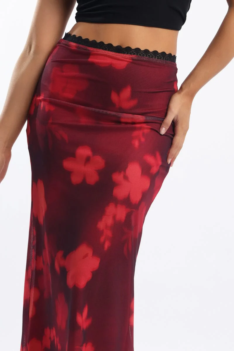 Red Floral Mesh Skirt Elasticated Lace Trim Midaxi