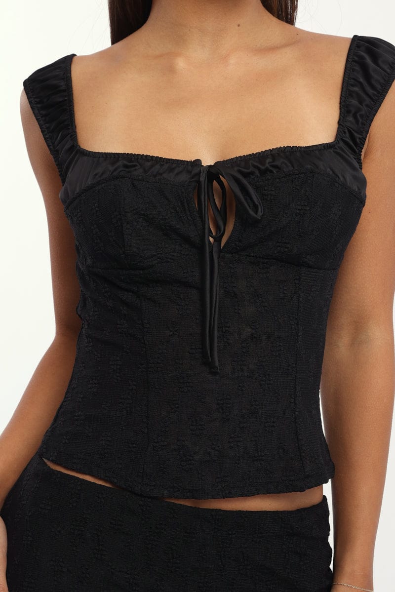 Black Textured Top Sweetheart Neckline Satin Contrast