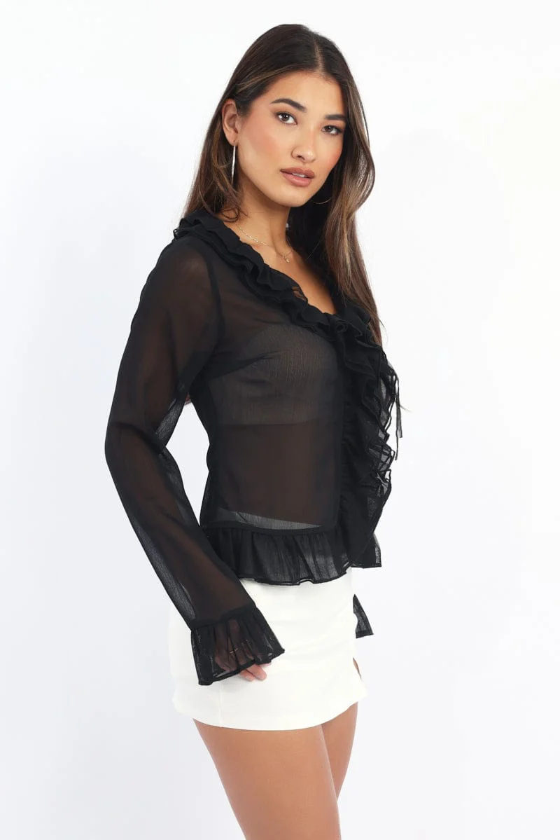 Black Ruffle Top Long Sleeve