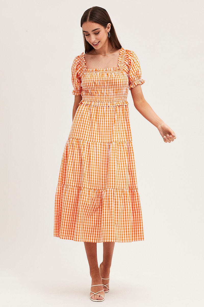 Check Short Sleeve Shirred Midi Dress