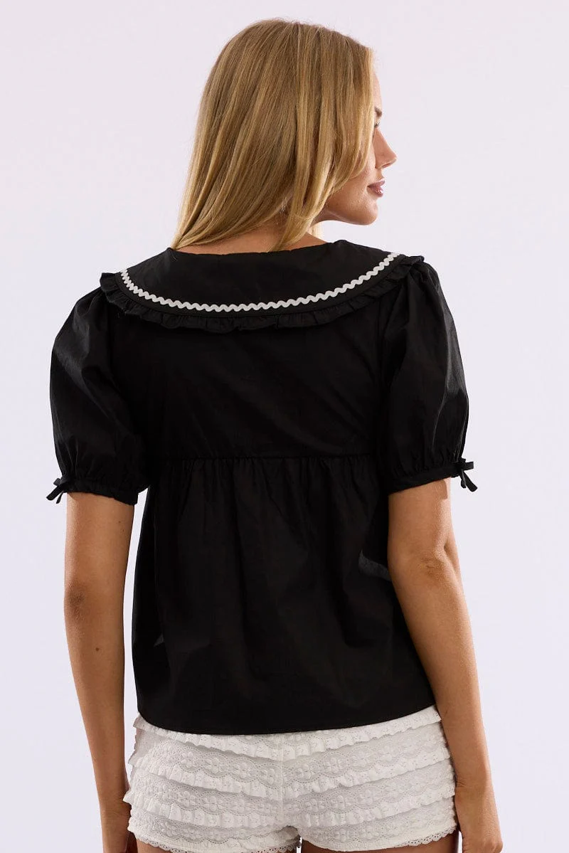 Black Babydoll Top Puff Sleeve Collared Poplin Ric Rac