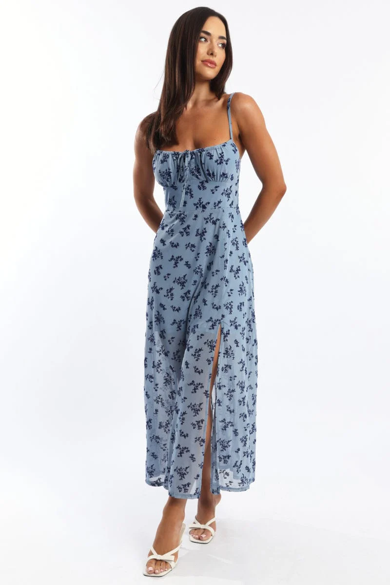 Blue Ditsy Midi Dress Gathered Bust Burn Out