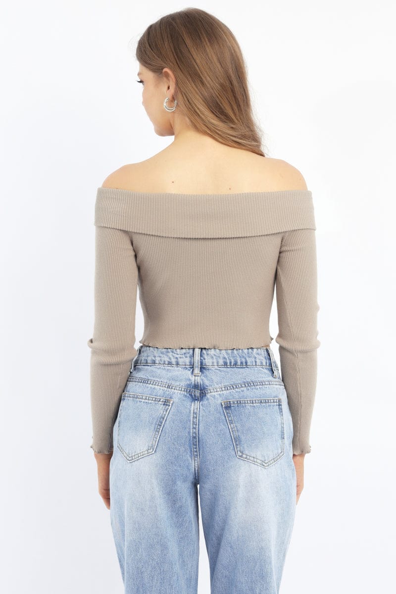 Green Knit Top Long Sleeve Off Shoulder Zip Front