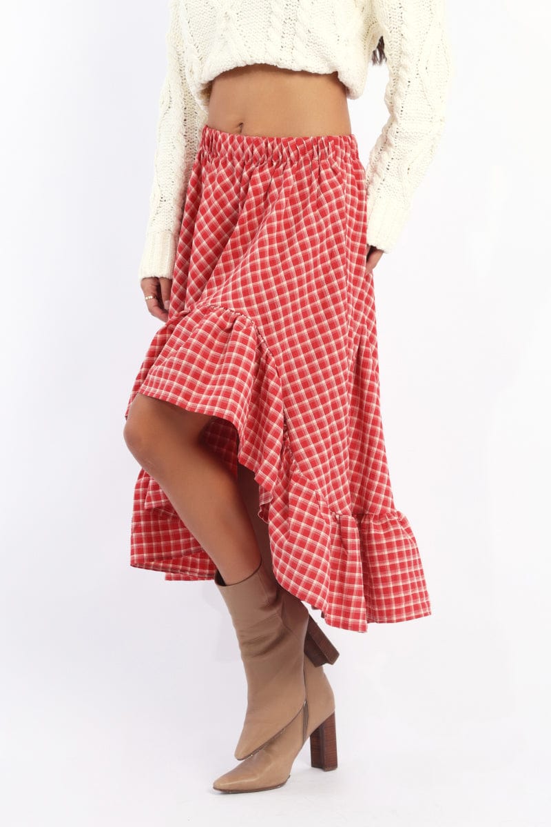 Red Check Asymmetric Midi Skirt Elastic Waist Frill Hem