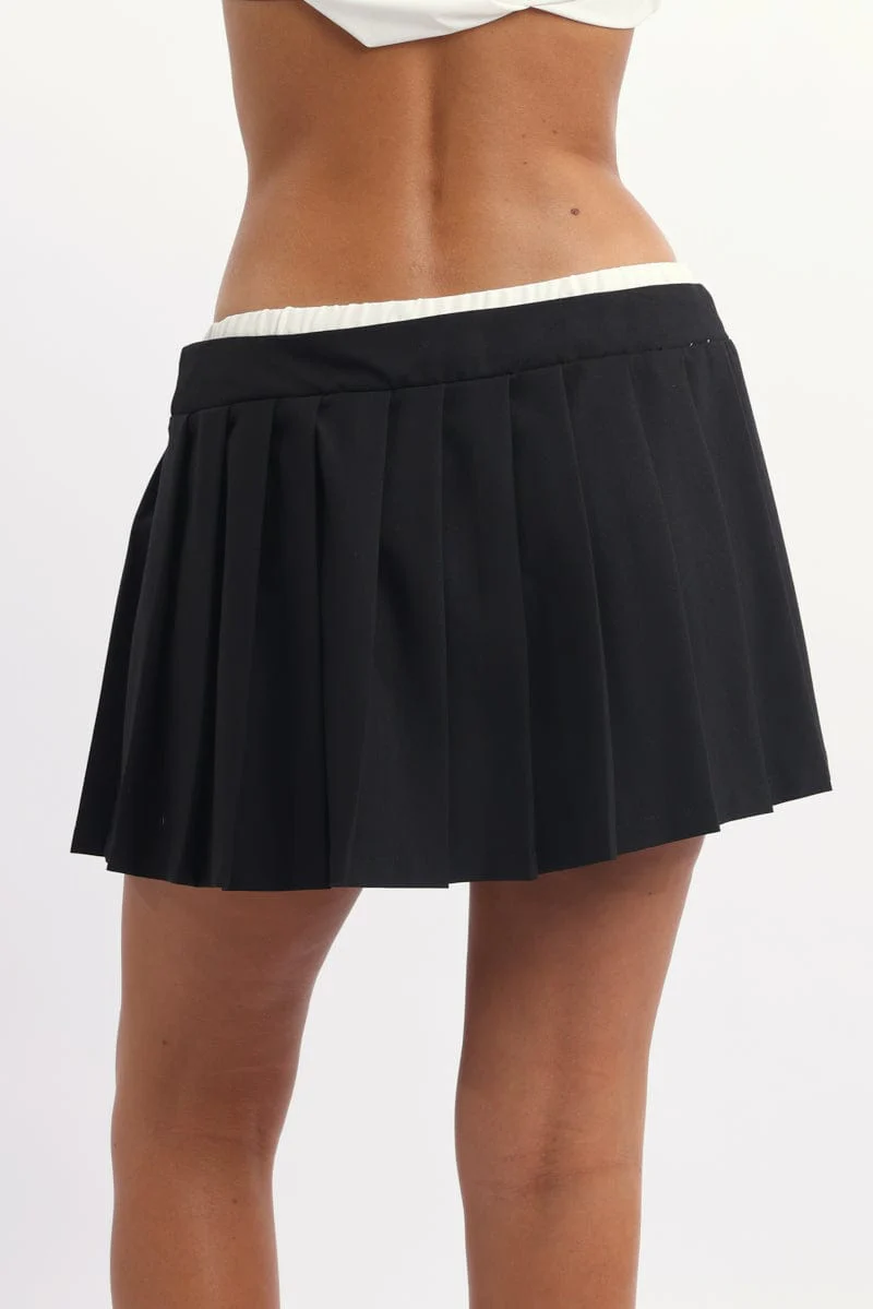 Black Pleated Skirt High Waisted Contrast Waistband