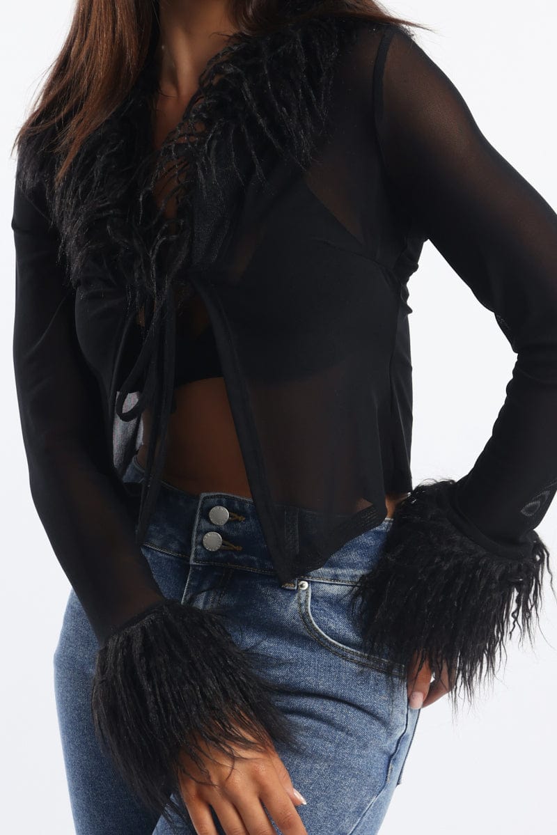 Black Top Faux Fur Neckline And Cuff