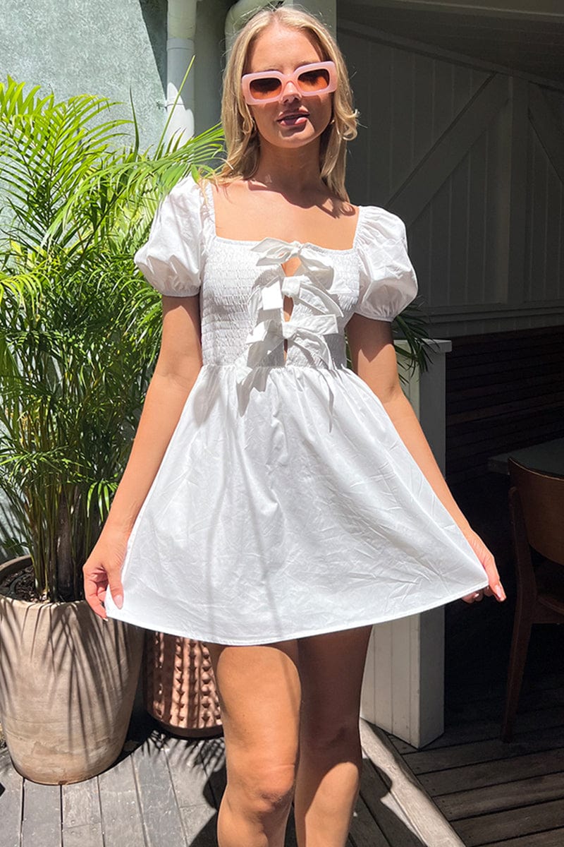 White Mini Dress Ribbon Detail