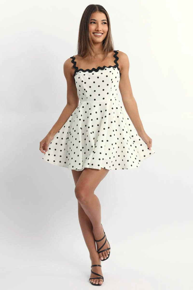 White Polka Dot Fit And Flare Dress Mini