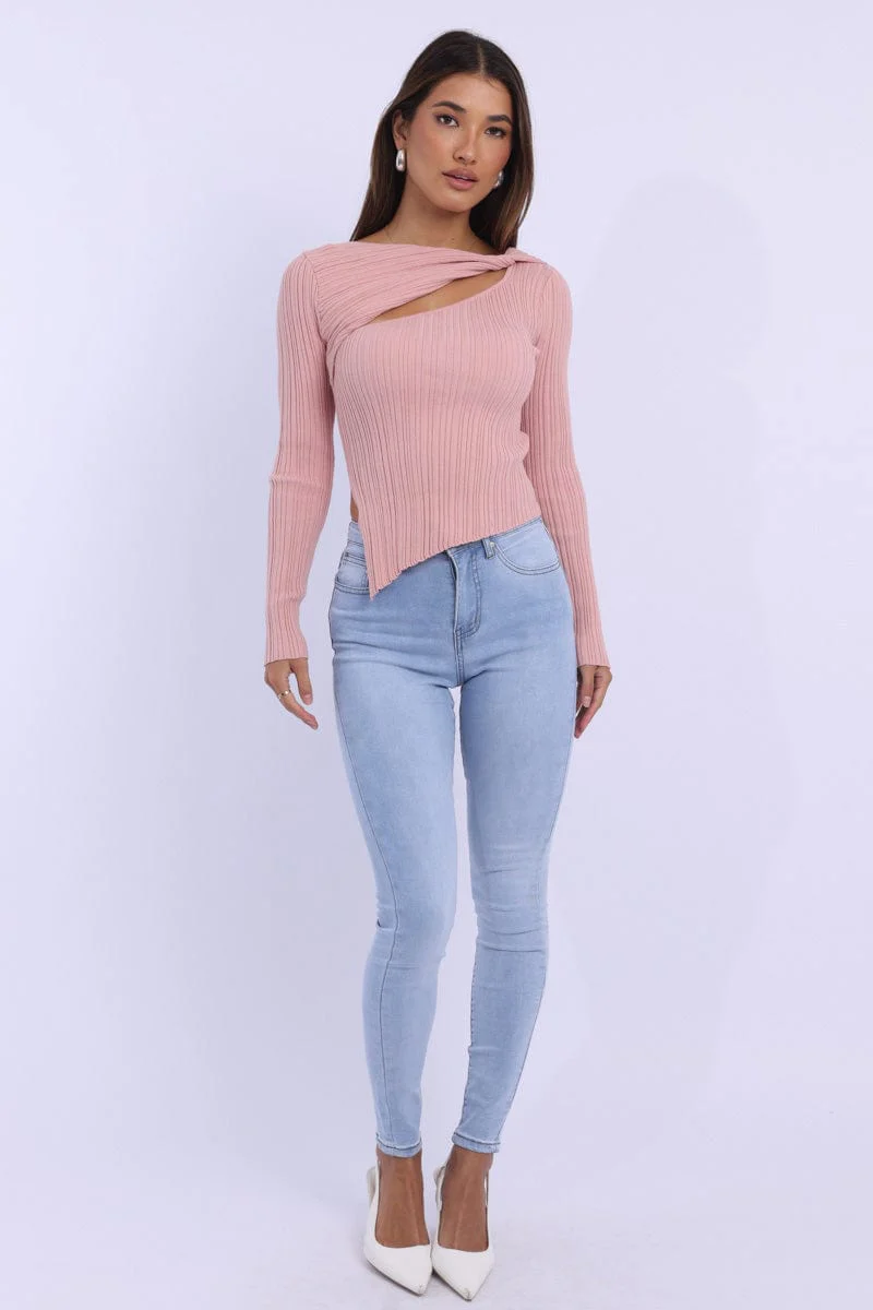 Pink Knit Top Long Sleeve Cut Out