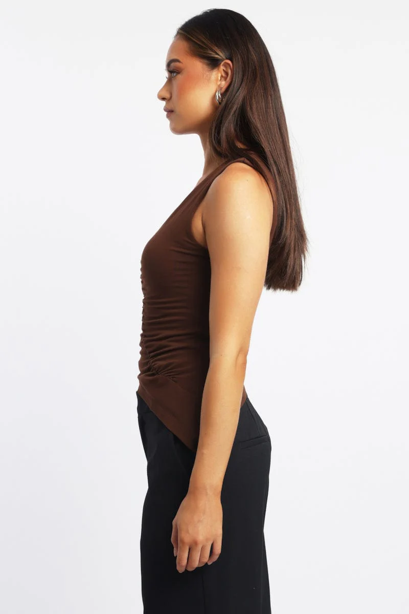 Brown Sleeveless Top Asymmetric Hem