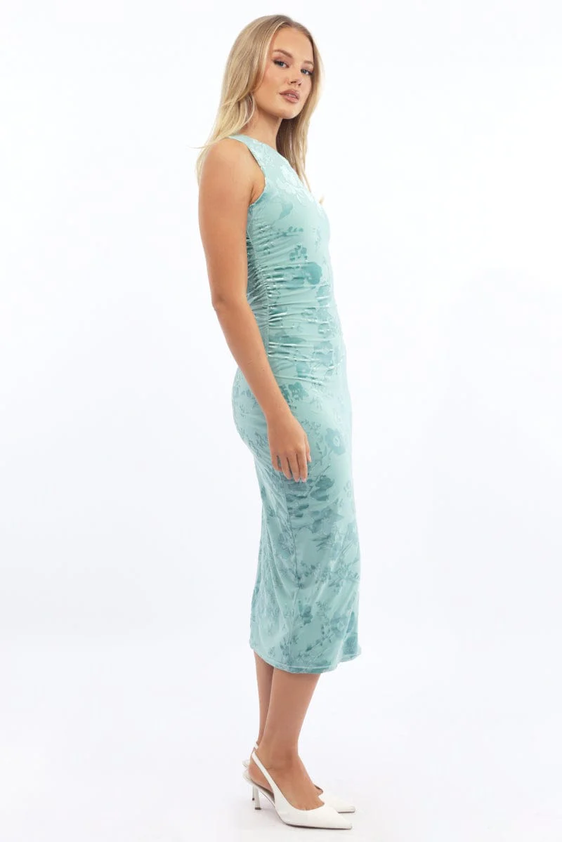 Green Bodycon Dress Round Neck Sleeveless Burnout