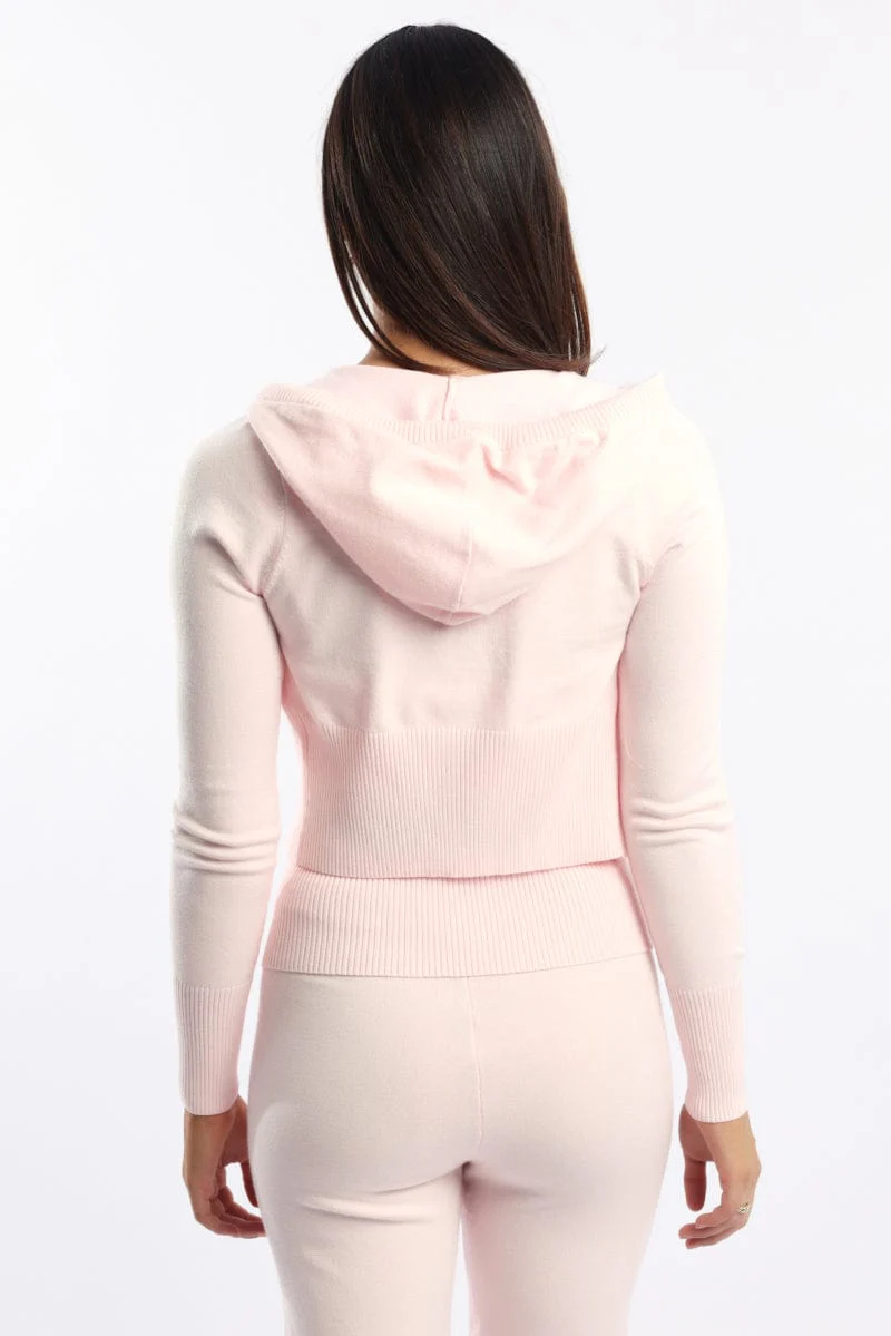 Pink Hooded Knit Cardigan