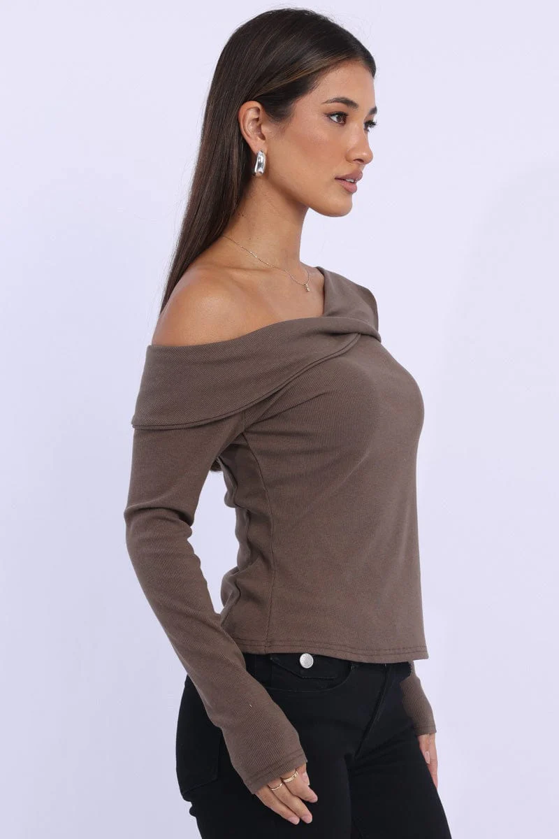 Brown One Shoulder Top Long Sleeve