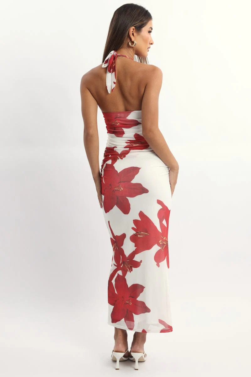 White Floral Bodycon Dress Halter Neck