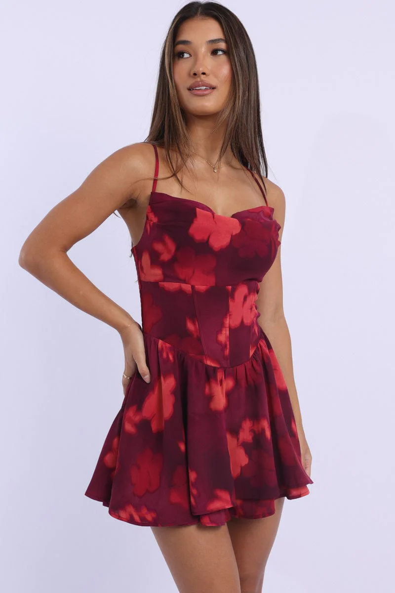 Red Floral Playsuit Cowlneck Strappy