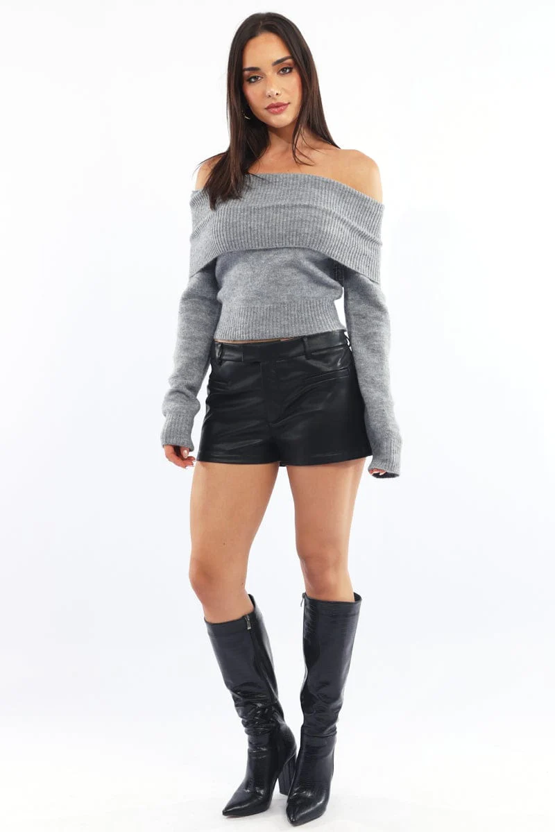 Grey Bardot Knit Long Sleeve Off Shoulder