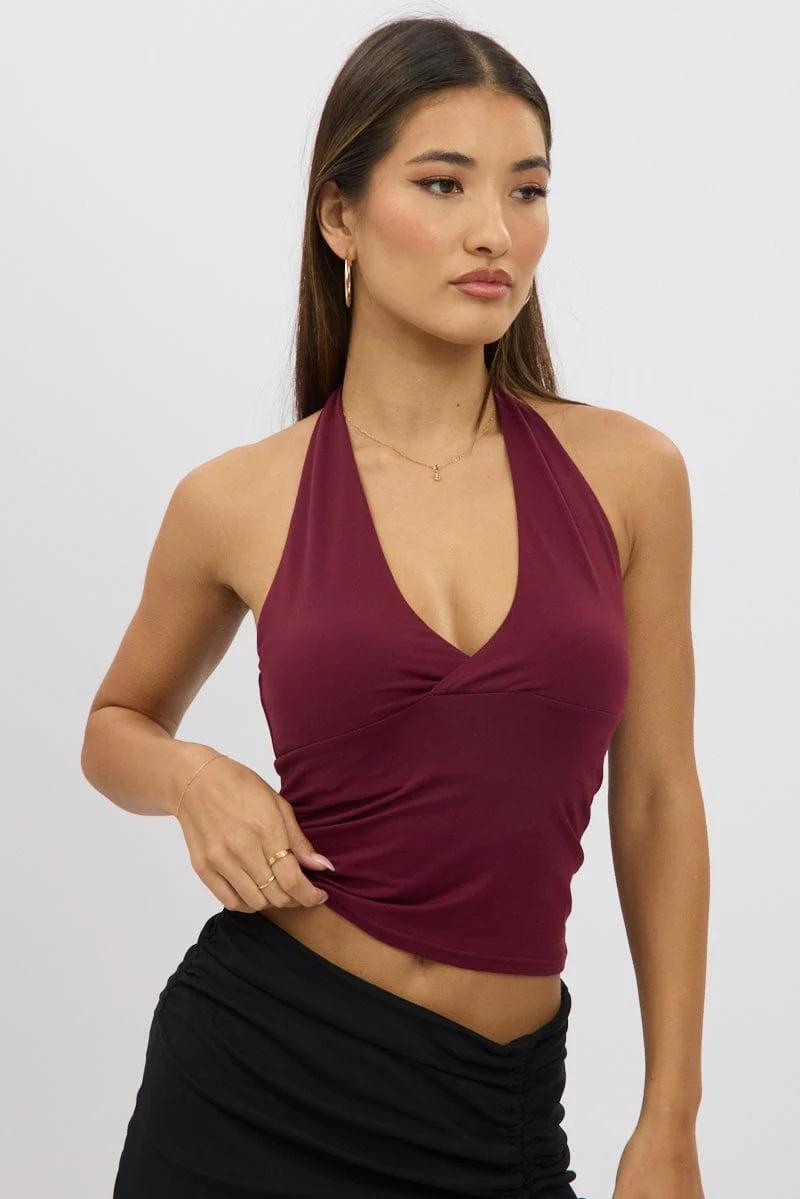 Red Halter Neck Top V Neck Supersoft