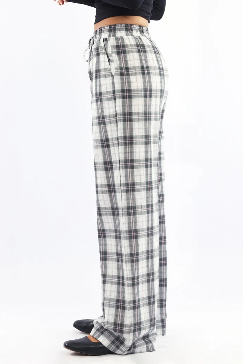 Multi Check Wide Leg Pants Elasticated Waist