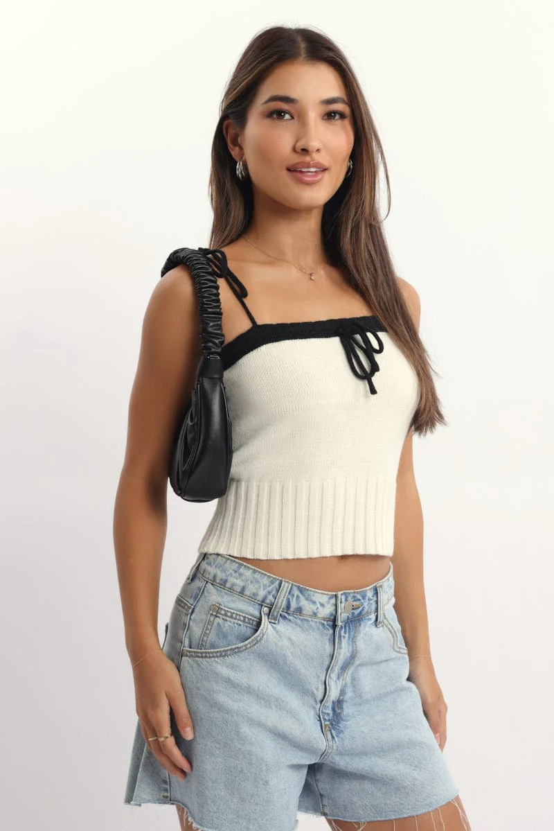 White Knit Top Sleeveless Contrast Ribbon