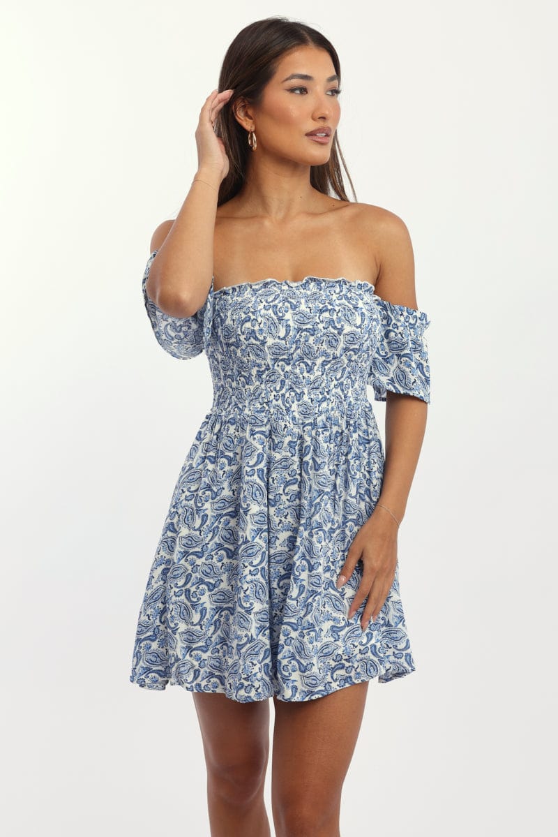 Blue Paisley Mini Dress Off Shoulder