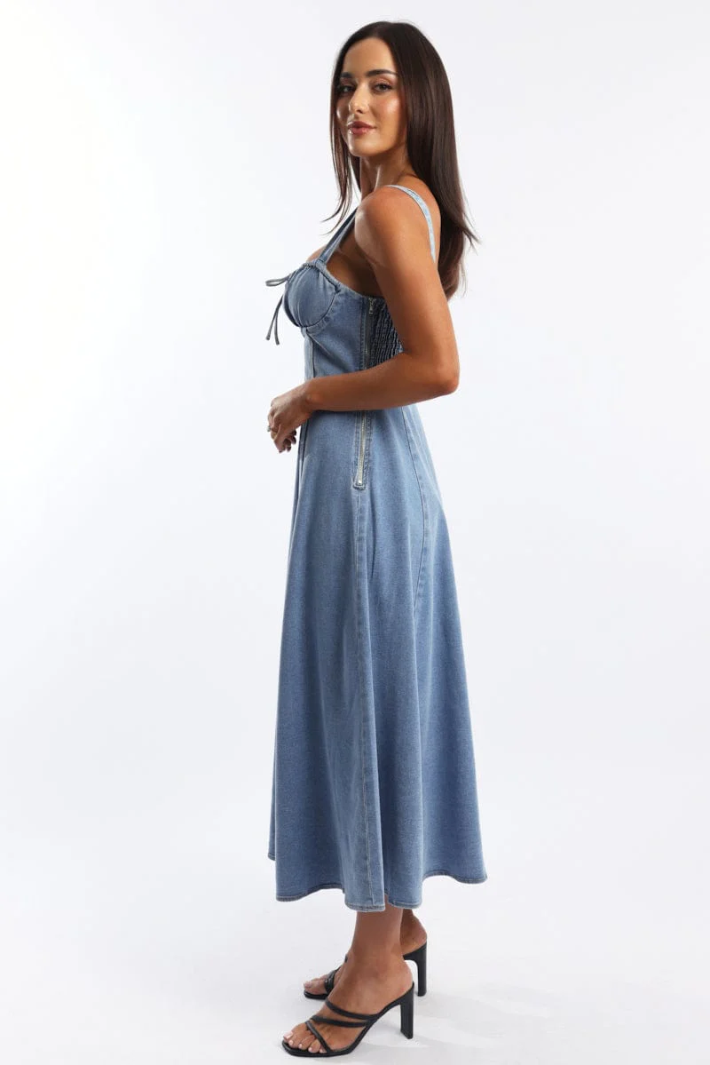 Blue Midi Dress Gathered Bust