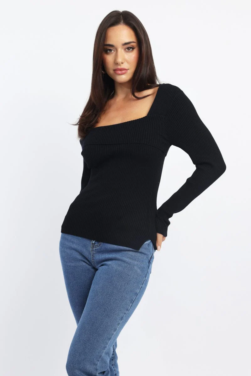 Black One Shoulder Knit Top Long Sleeve