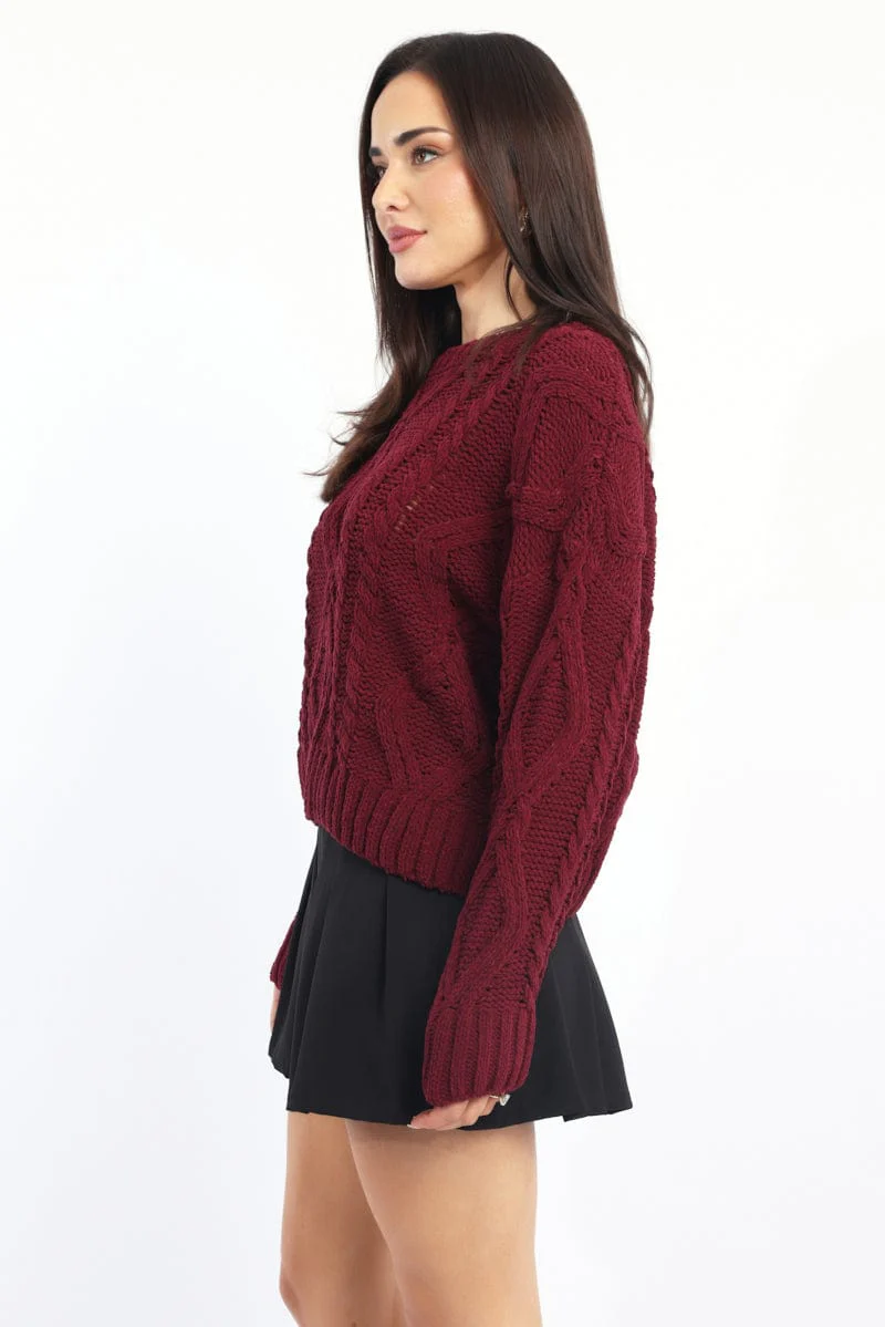 Red Cable Knit Long Sleeve Crew Neck