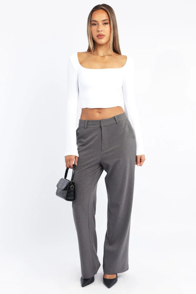 Grey Wide Leg Pants Mid Rise
