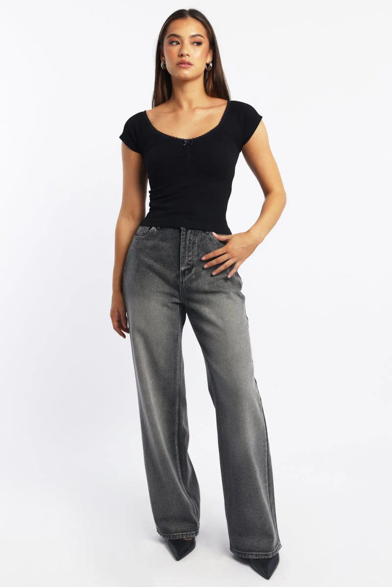 Black Seamless Top Short Sleeve Picot Trim Rib