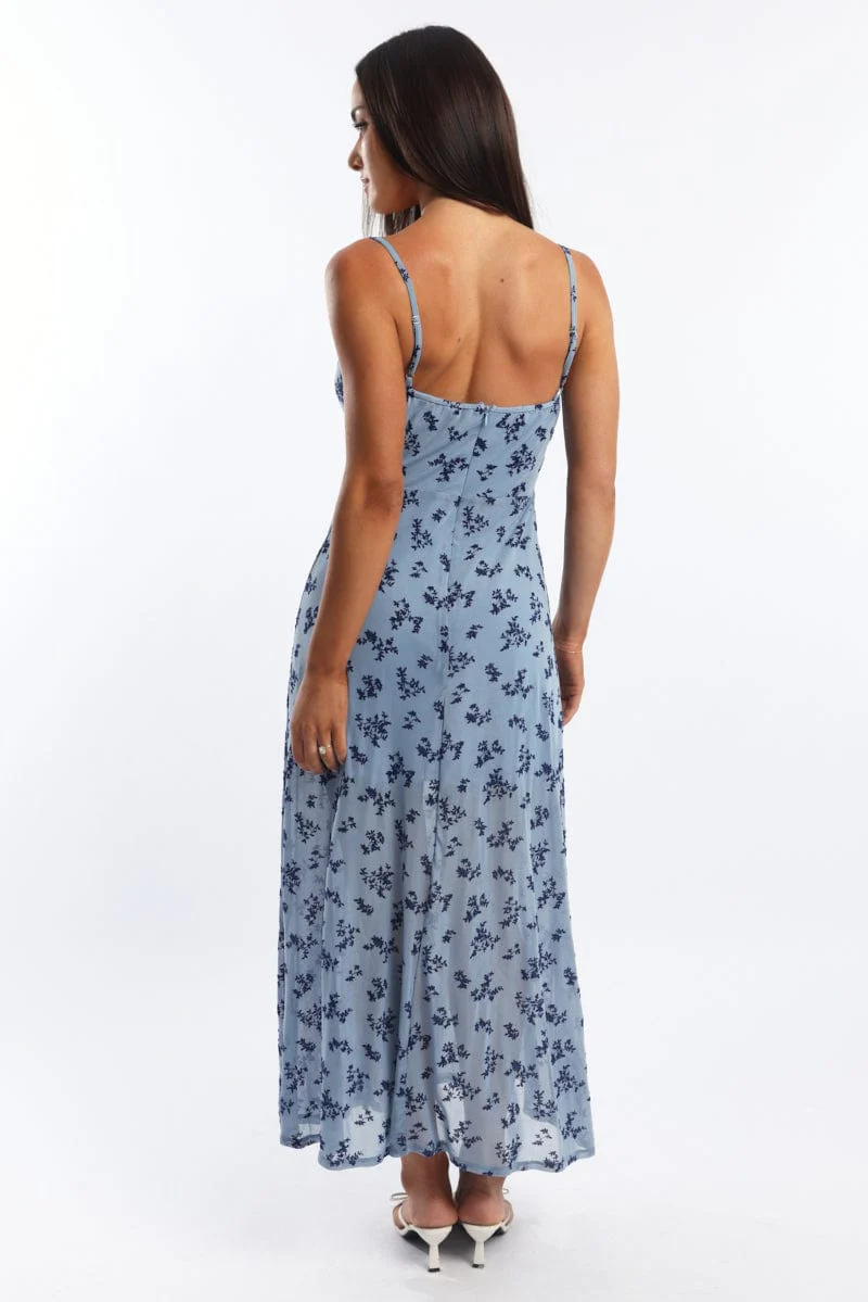 Blue Ditsy Midi Dress Gathered Bust Burn Out