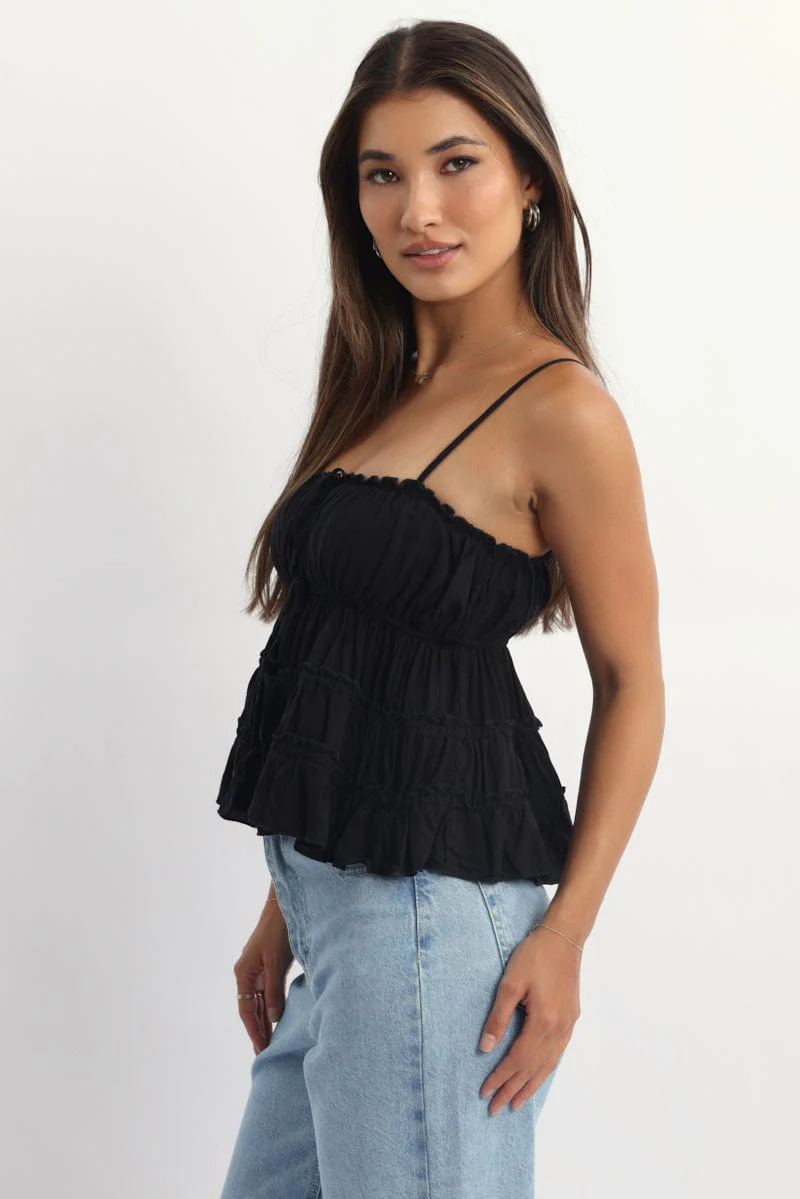 Black Ruched Cami Sleeveless Tie Details