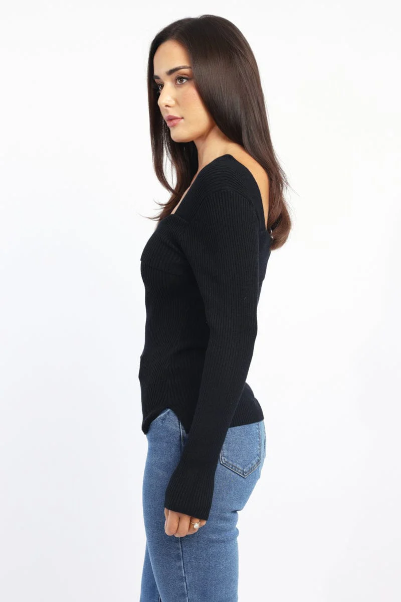 Black One Shoulder Knit Top Long Sleeve