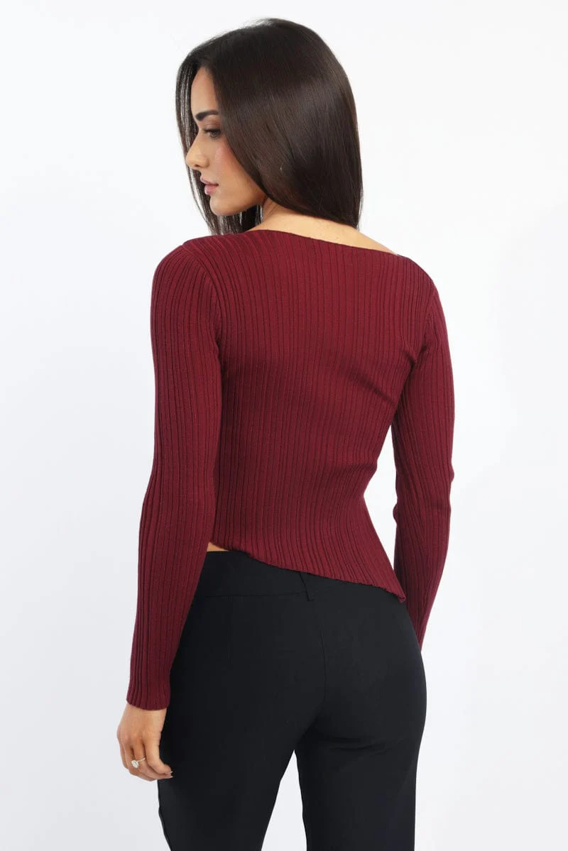 Red Knit Top Long Sleeve Cut Out