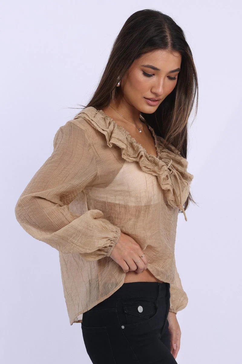 Beige Poet's Top V Neck Long Sleeve Frilled