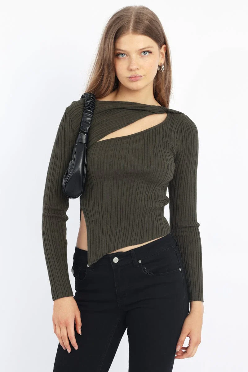 Green Knit Top Long Sleeve Cut Out