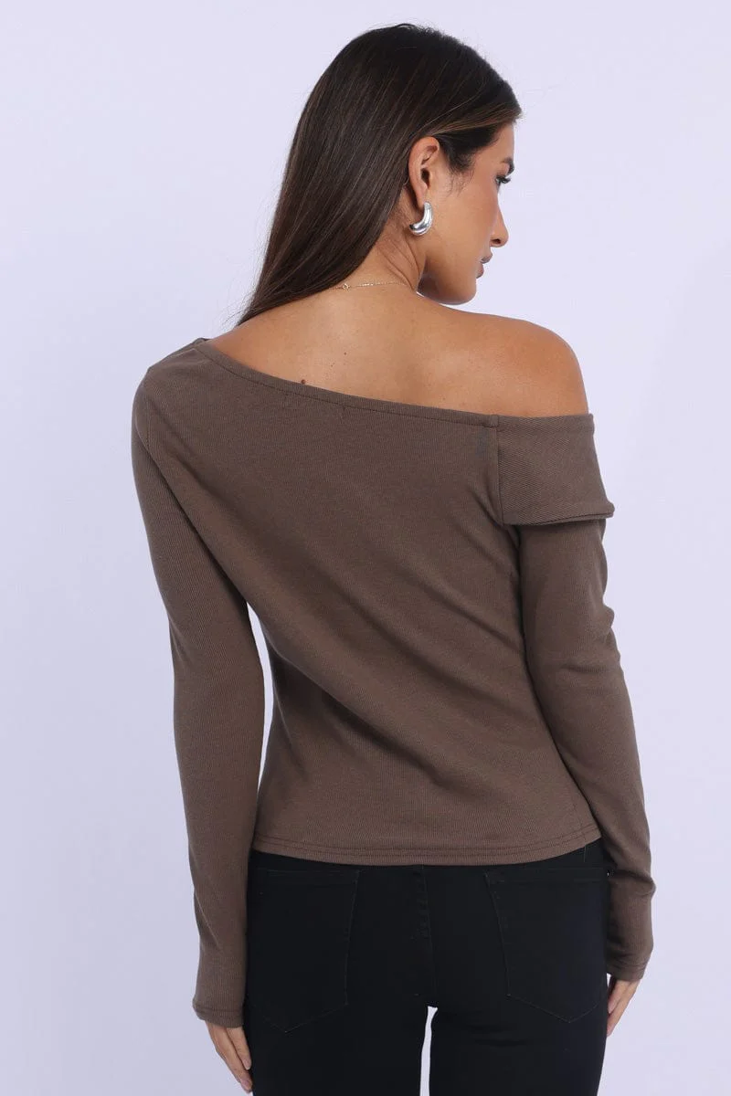 Brown One Shoulder Top Long Sleeve