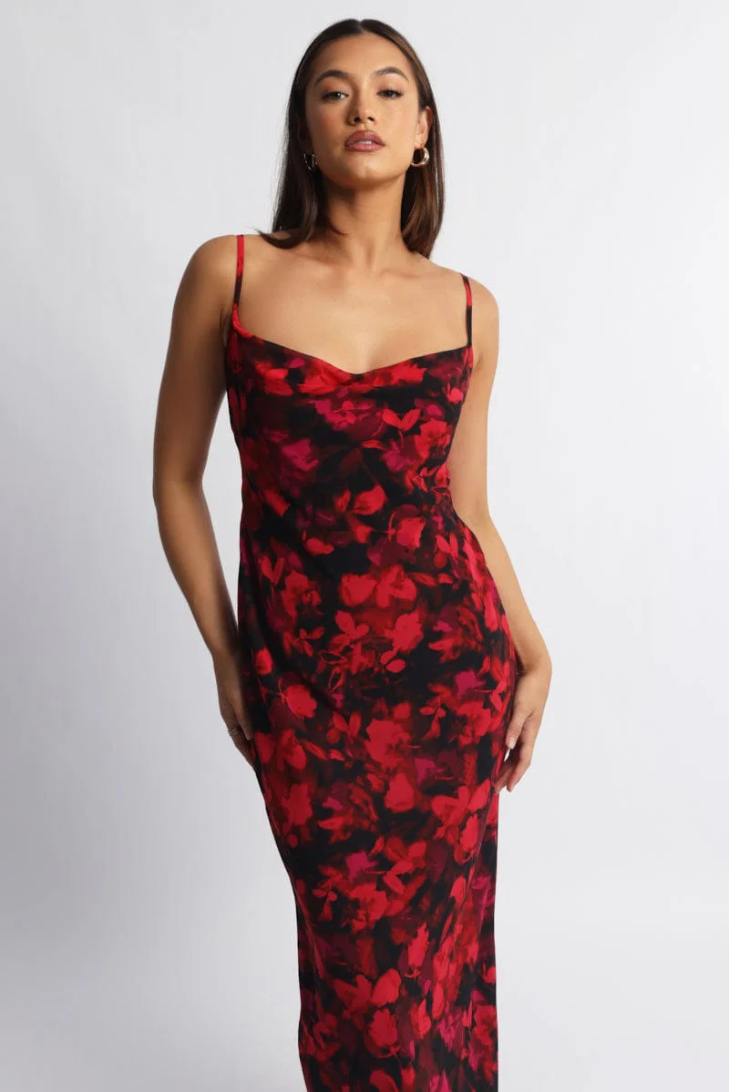 Red Floral Maxi Dress Cowl Neck