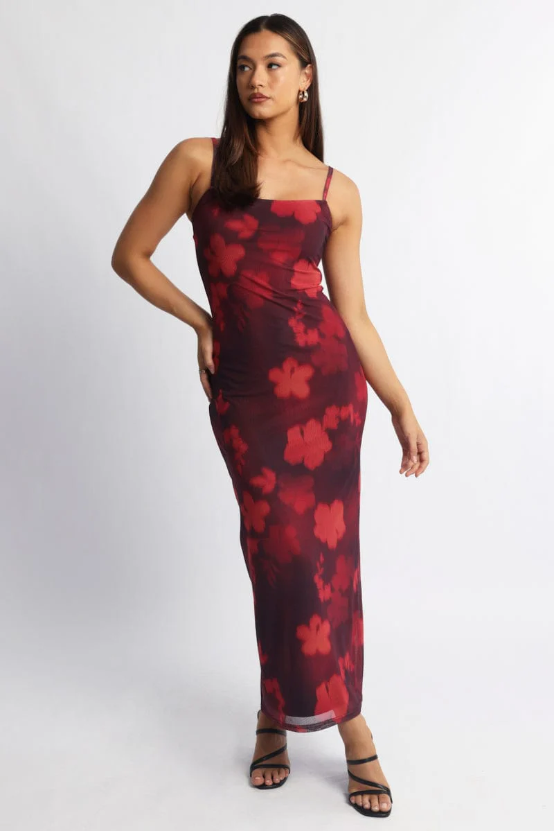 Red Floral Bodycon Dress Maxi Mesh