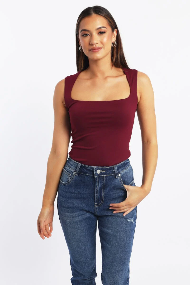 Red Supersoft Tank Top Square Neck Double Layered